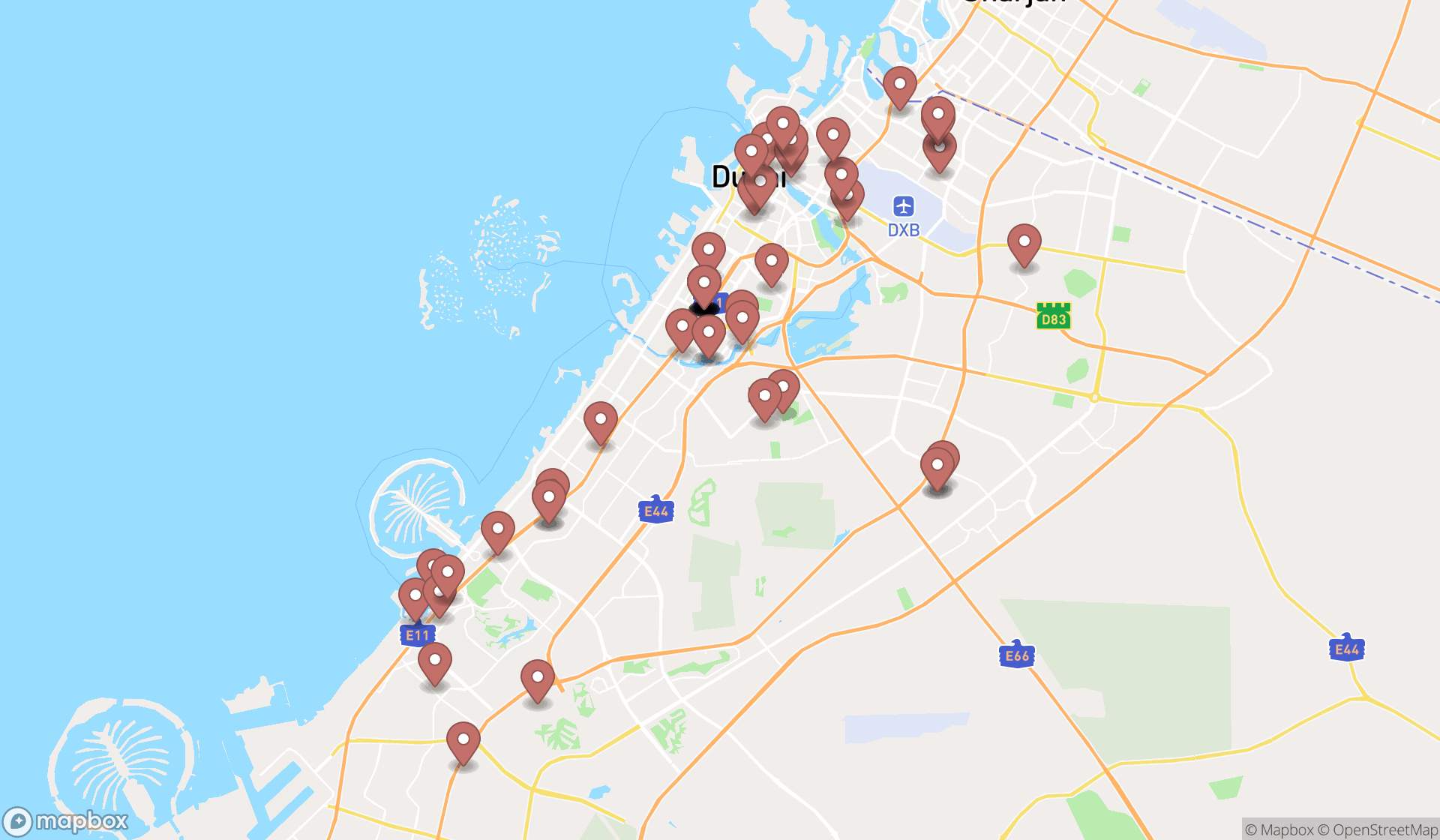 Map showing the search results in Dubai