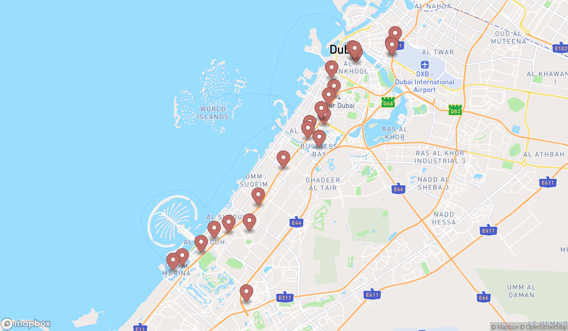 Map showing the search results in Dubai