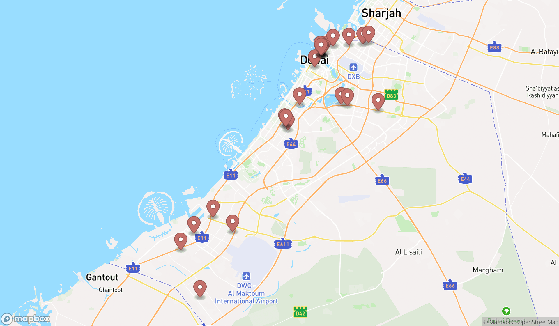 Map showing the search results in Dubai