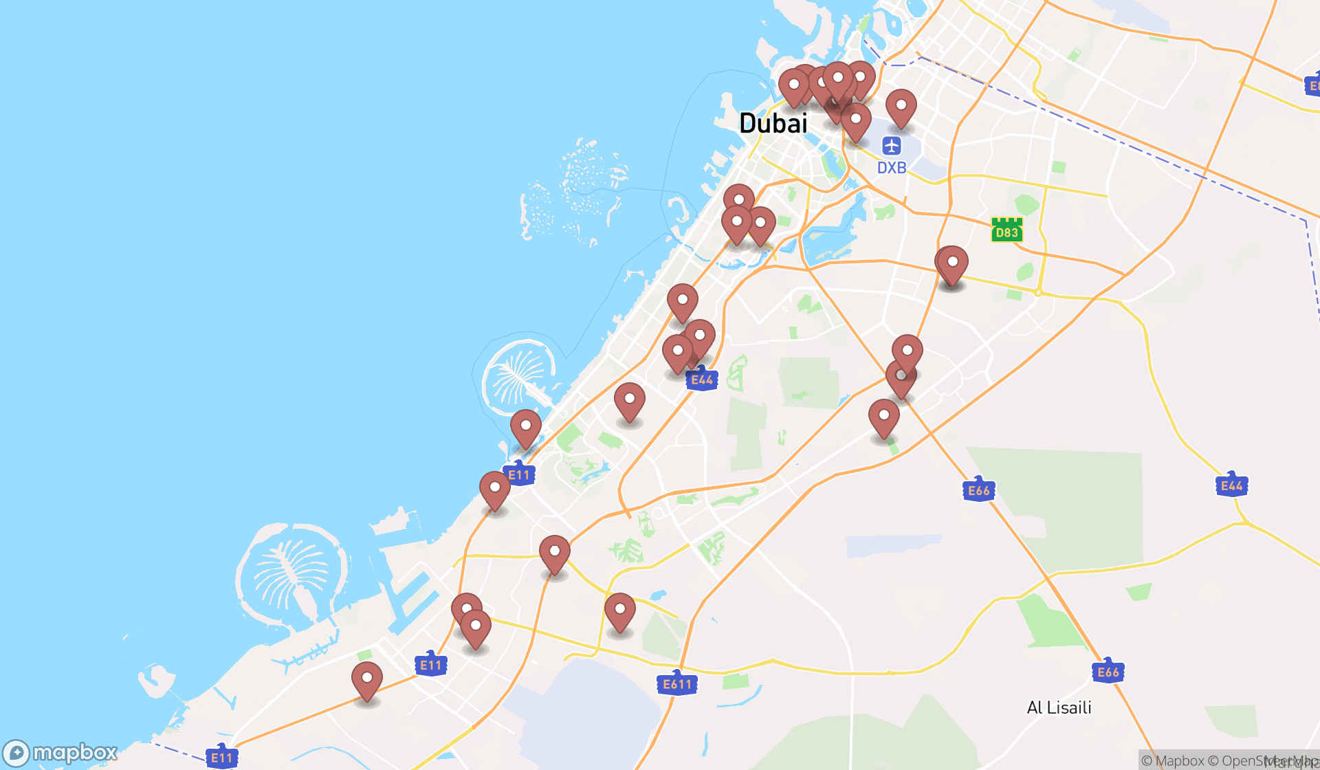 Map showing the search results in Dubai
