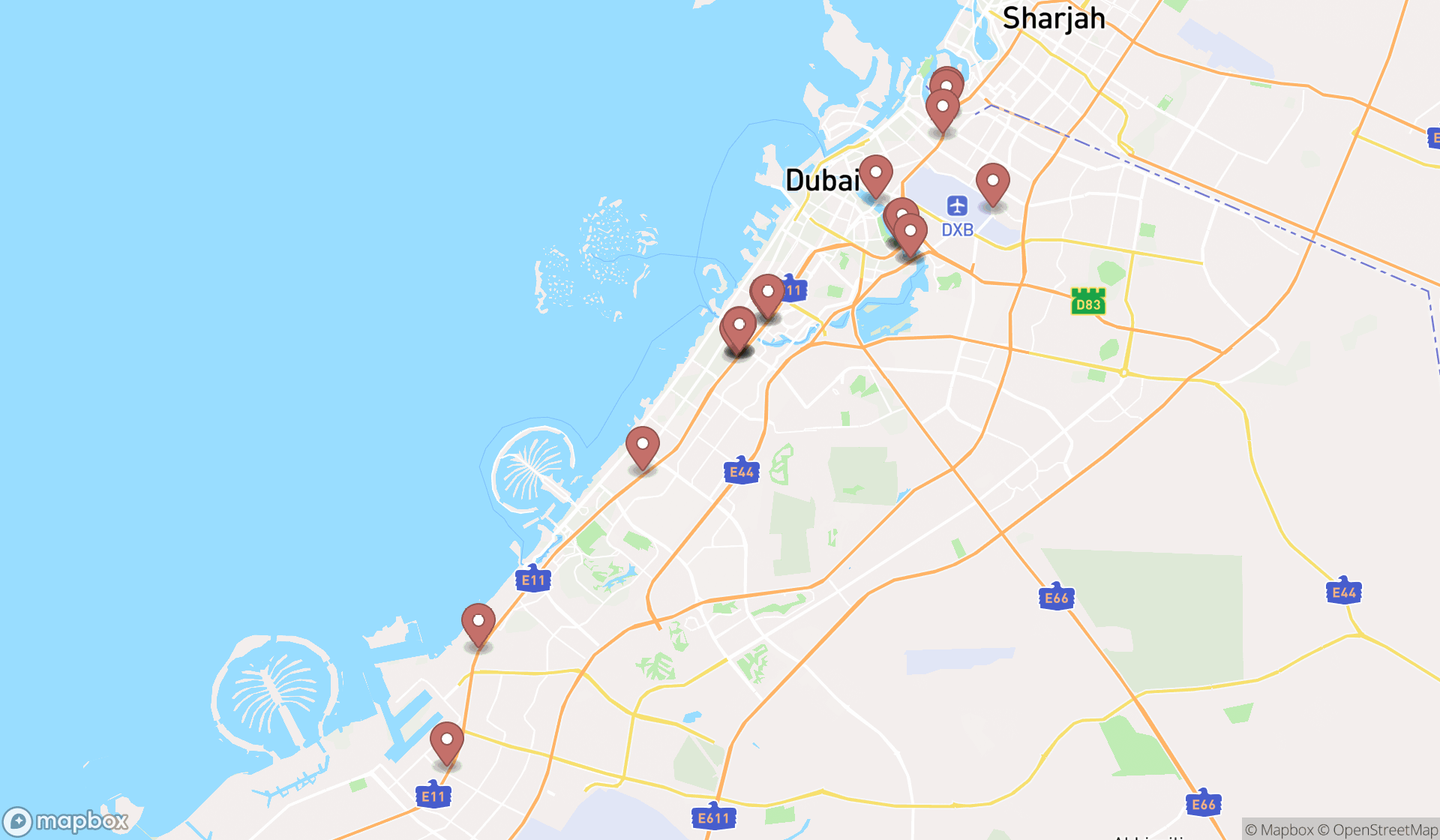 Map showing the search results in Dubai