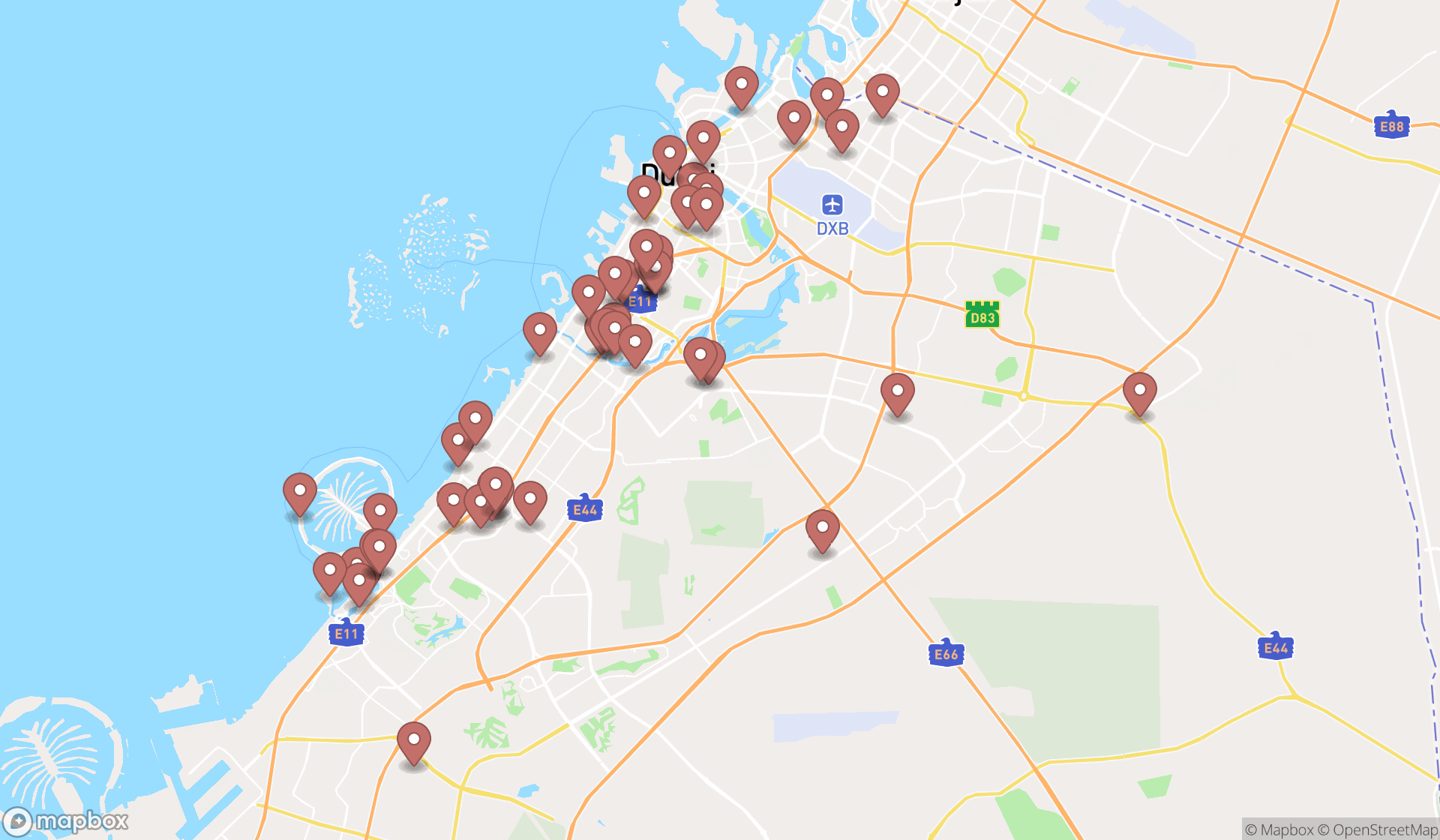 Map showing the search results in Dubai