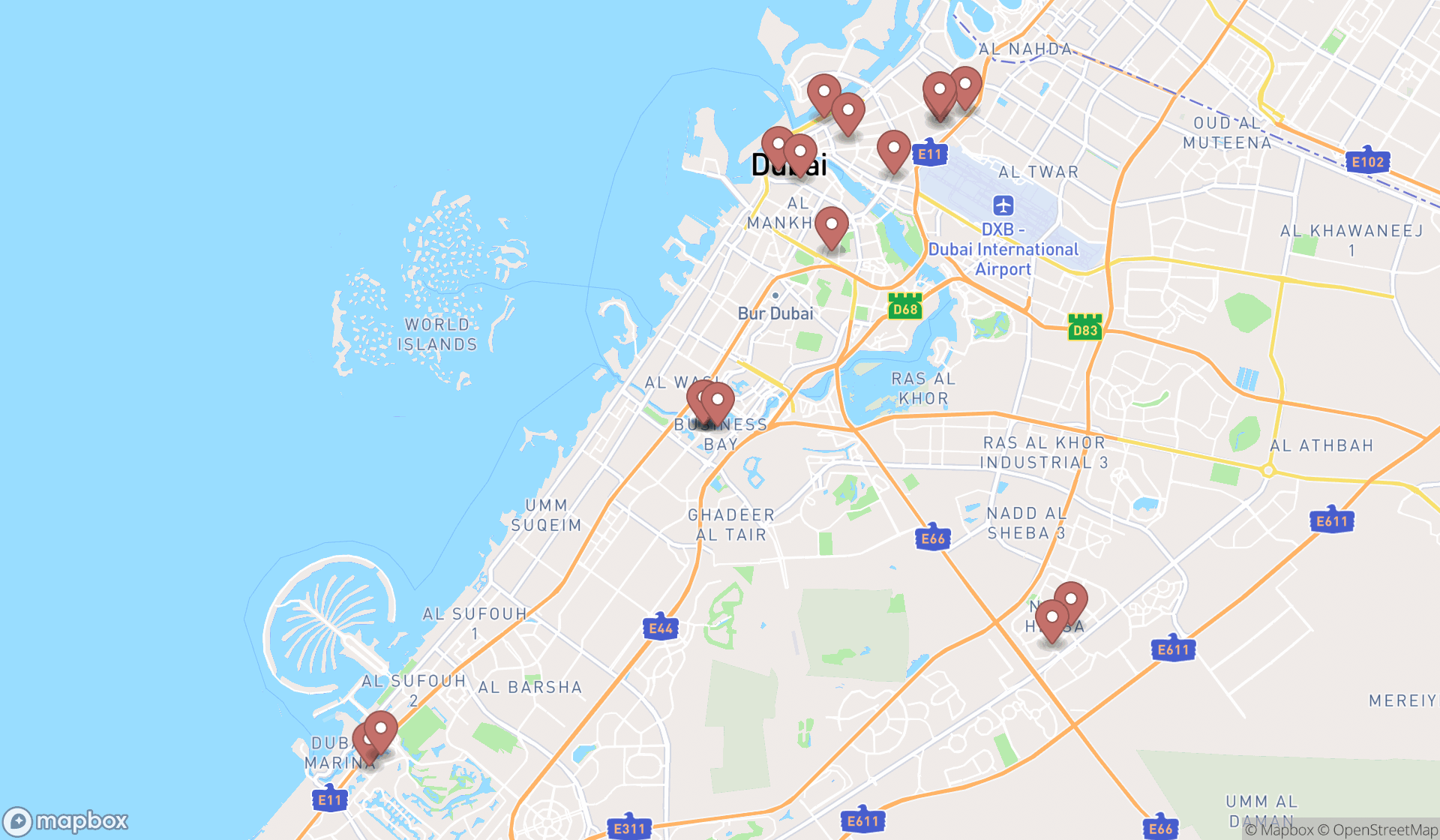 Map showing the search results in Dubai