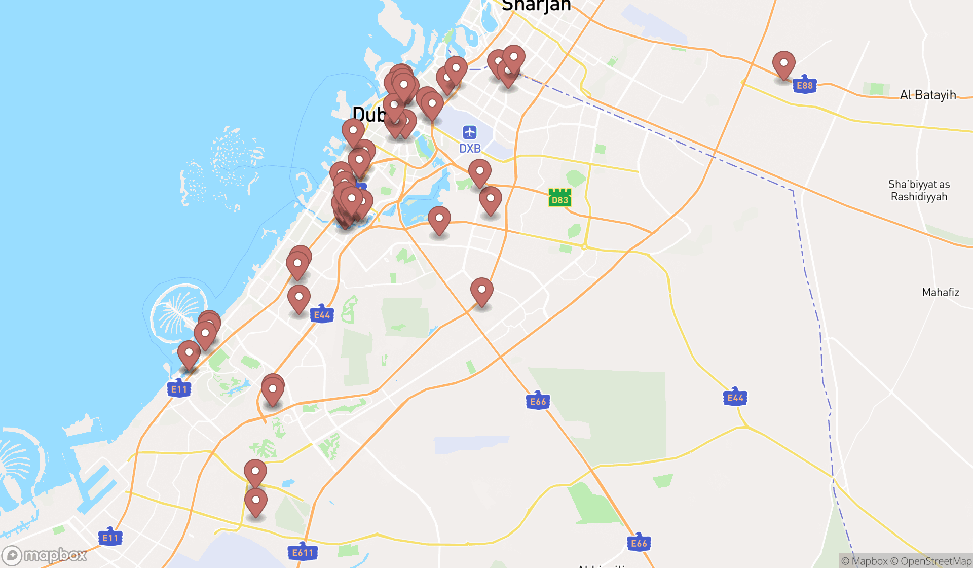 Map showing the search results in Dubai