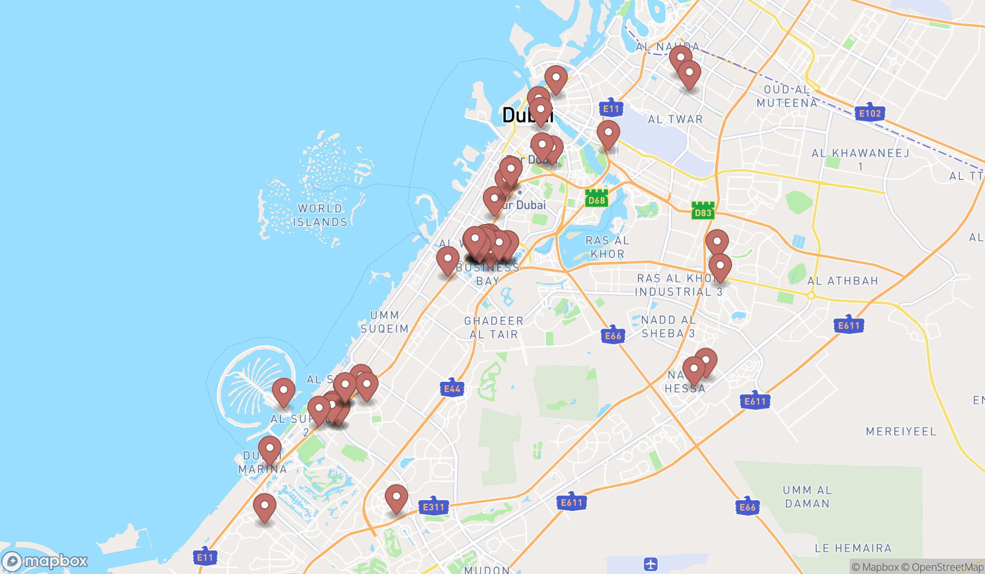 Map showing the search results in Dubai