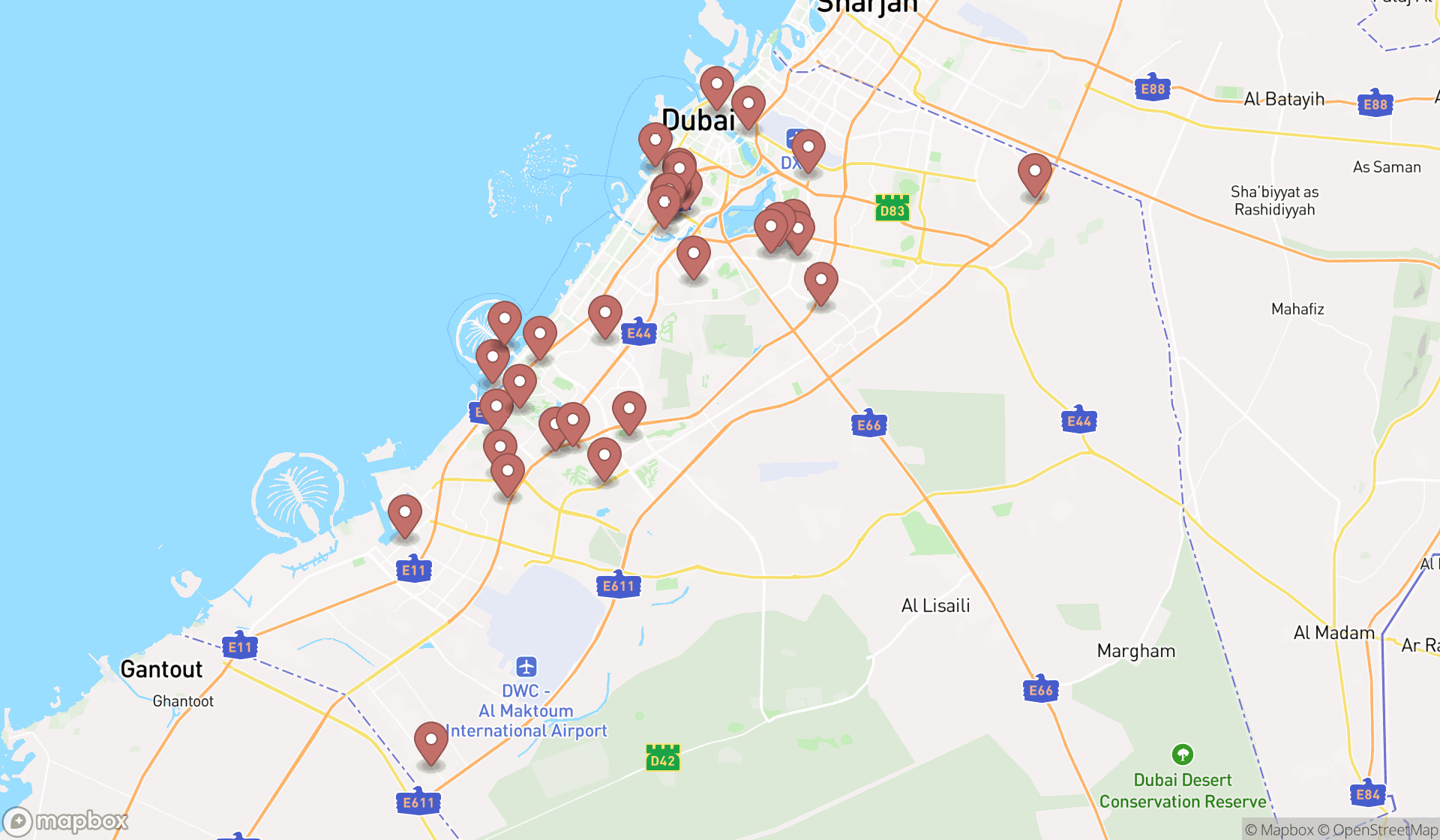 Map showing the search results in Dubai