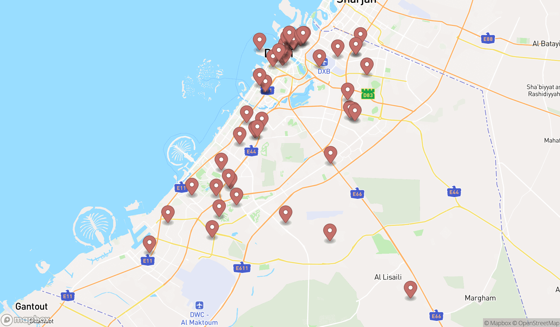 Map showing the search results in Dubai