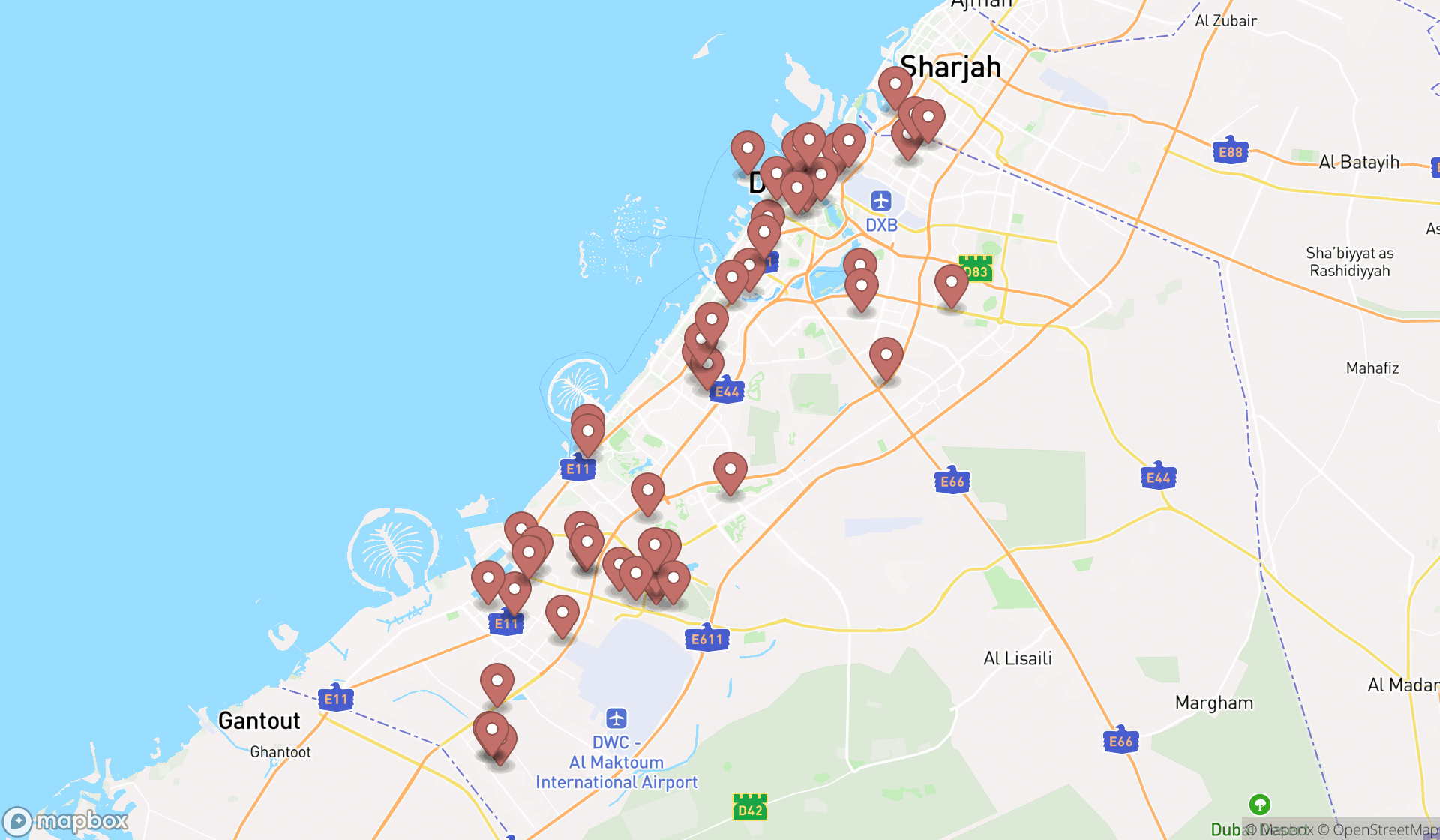 Map showing the search results in Dubai