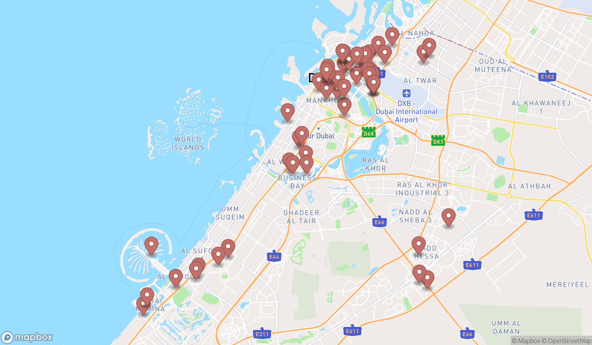 Map showing the search results in Dubai