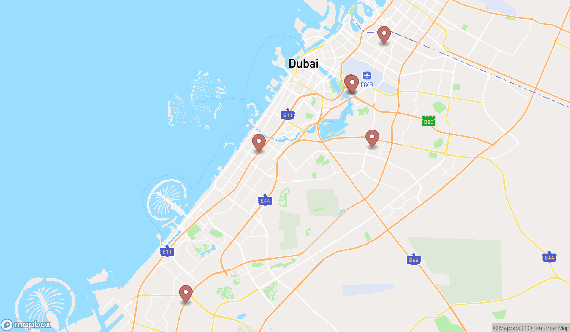 Map showing the search results in Dubai