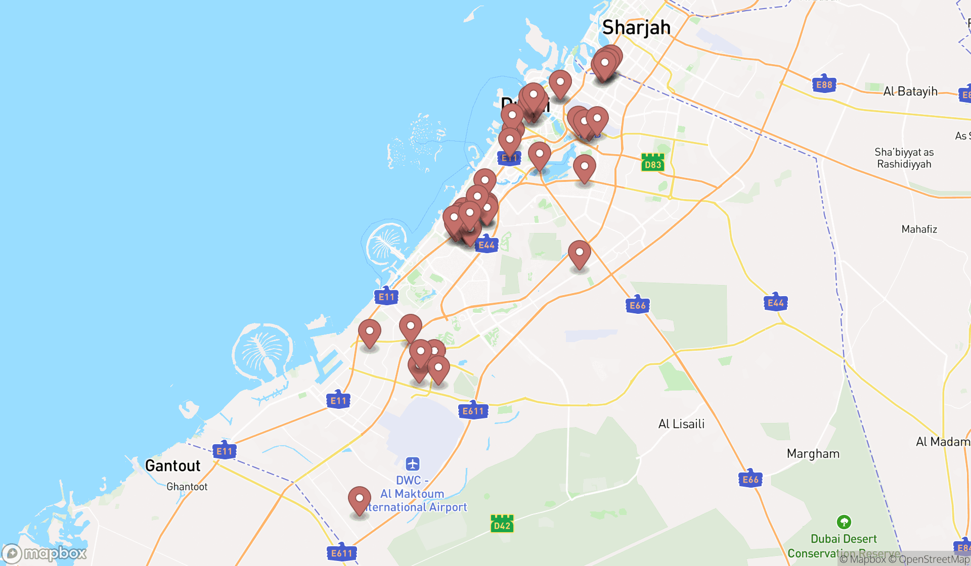 Map showing the search results in Dubai