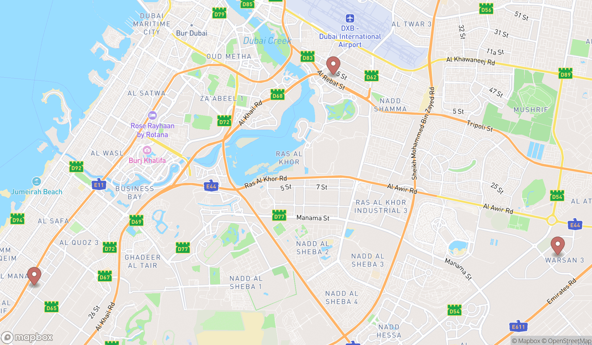 Map showing the search results in Dubai