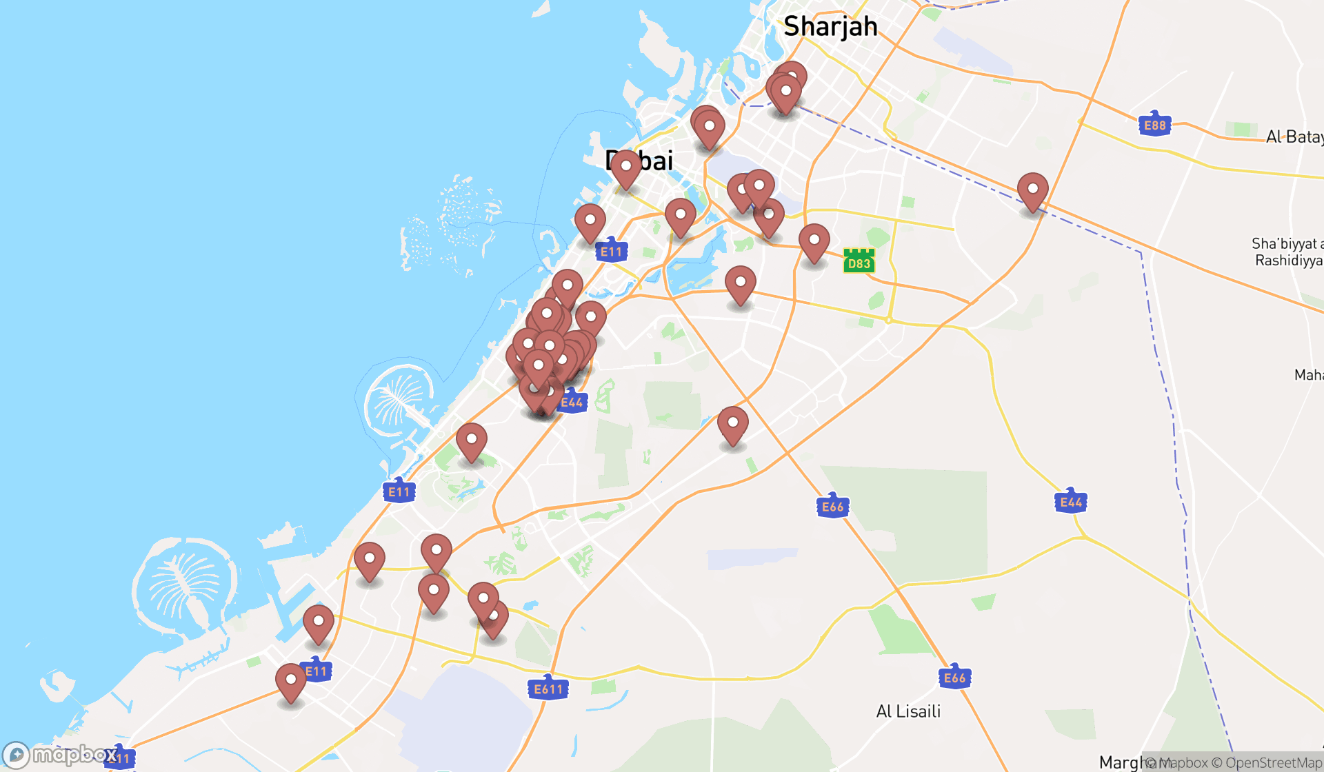 Map showing the search results in Dubai
