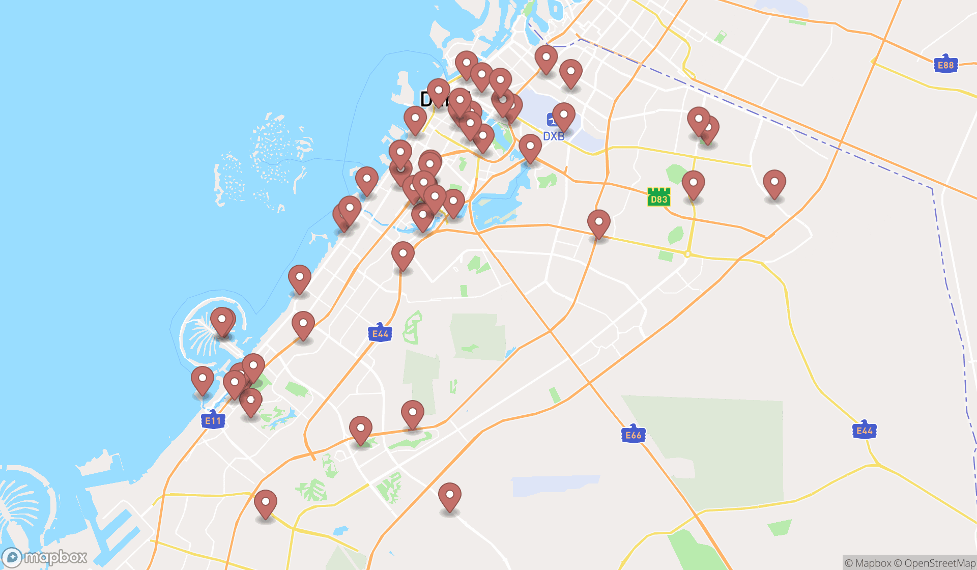 Map showing the search results in Dubai