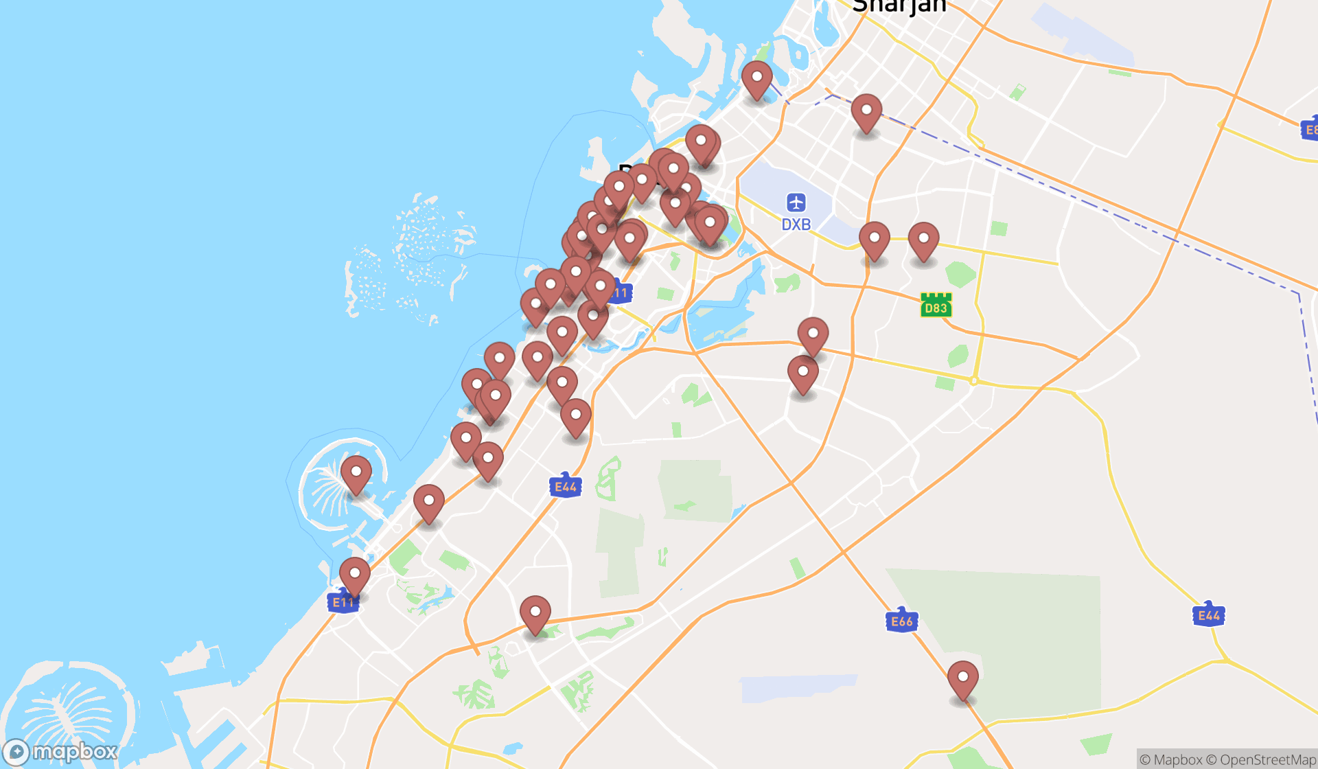 Map showing the search results in Dubai