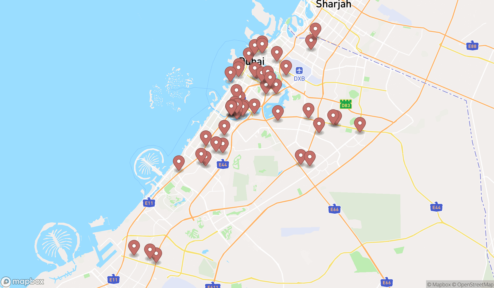 Map showing the search results in Dubai