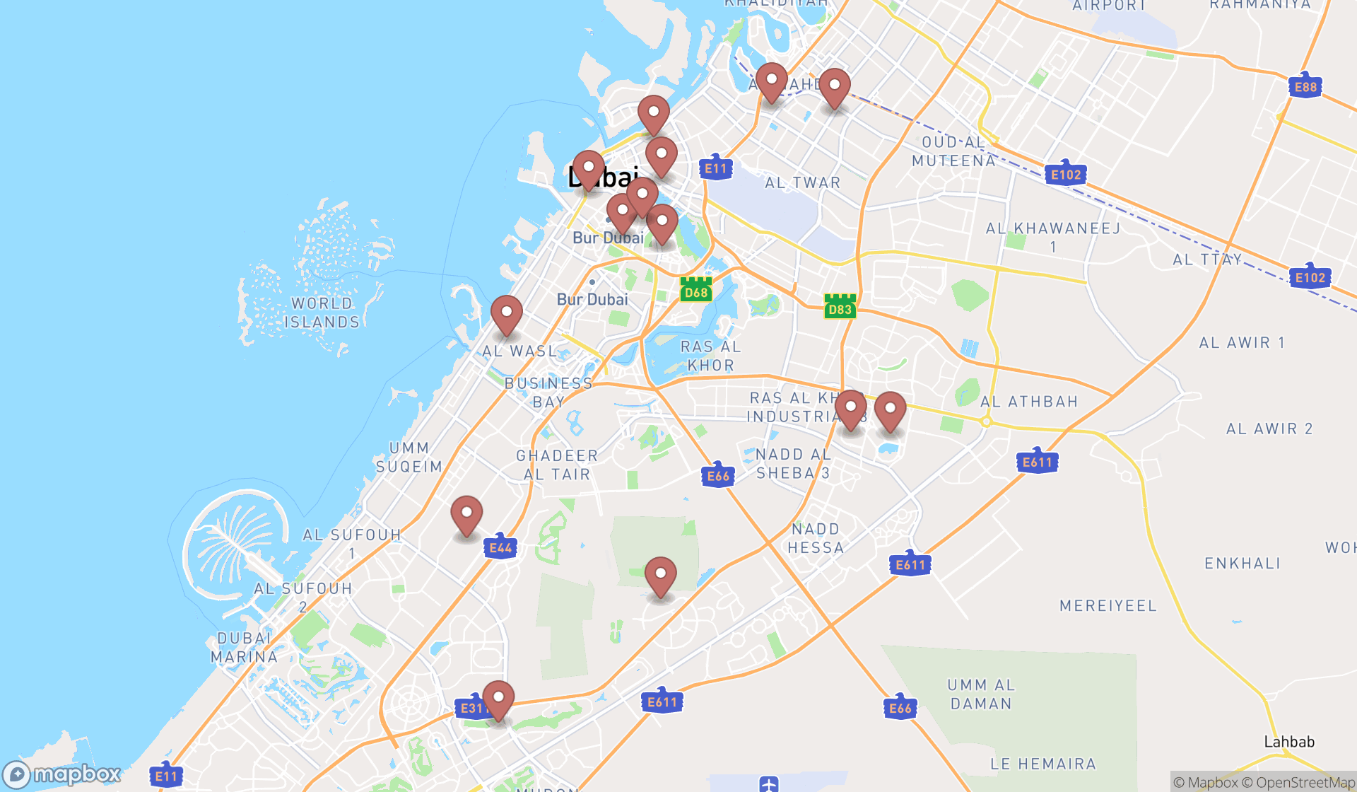 Map showing the search results in Dubai