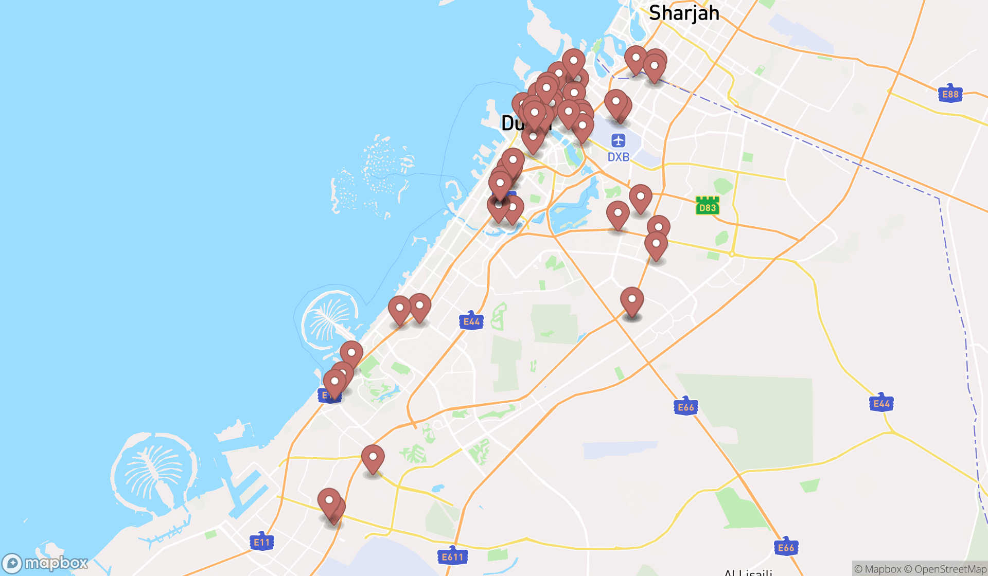 Map showing the search results in Dubai