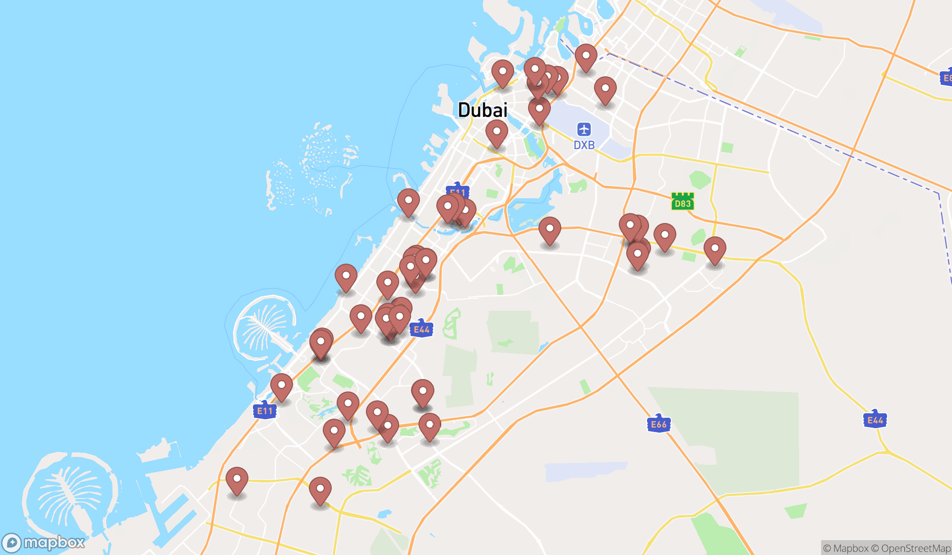 Map showing the search results in Dubai
