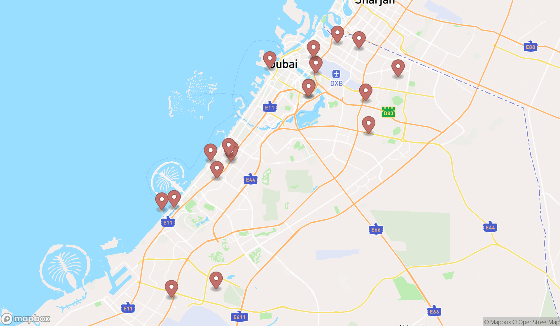 Map showing the search results in Dubai