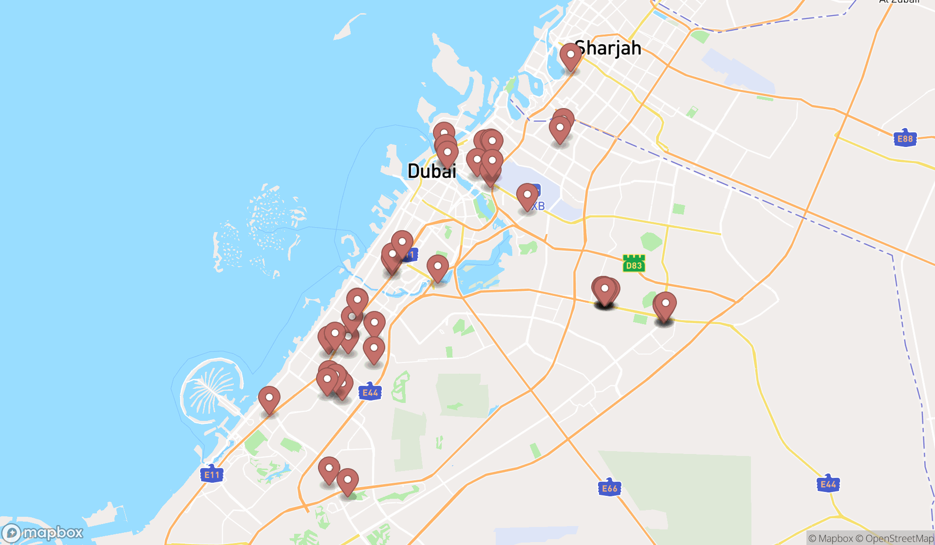 Map showing the search results in Dubai