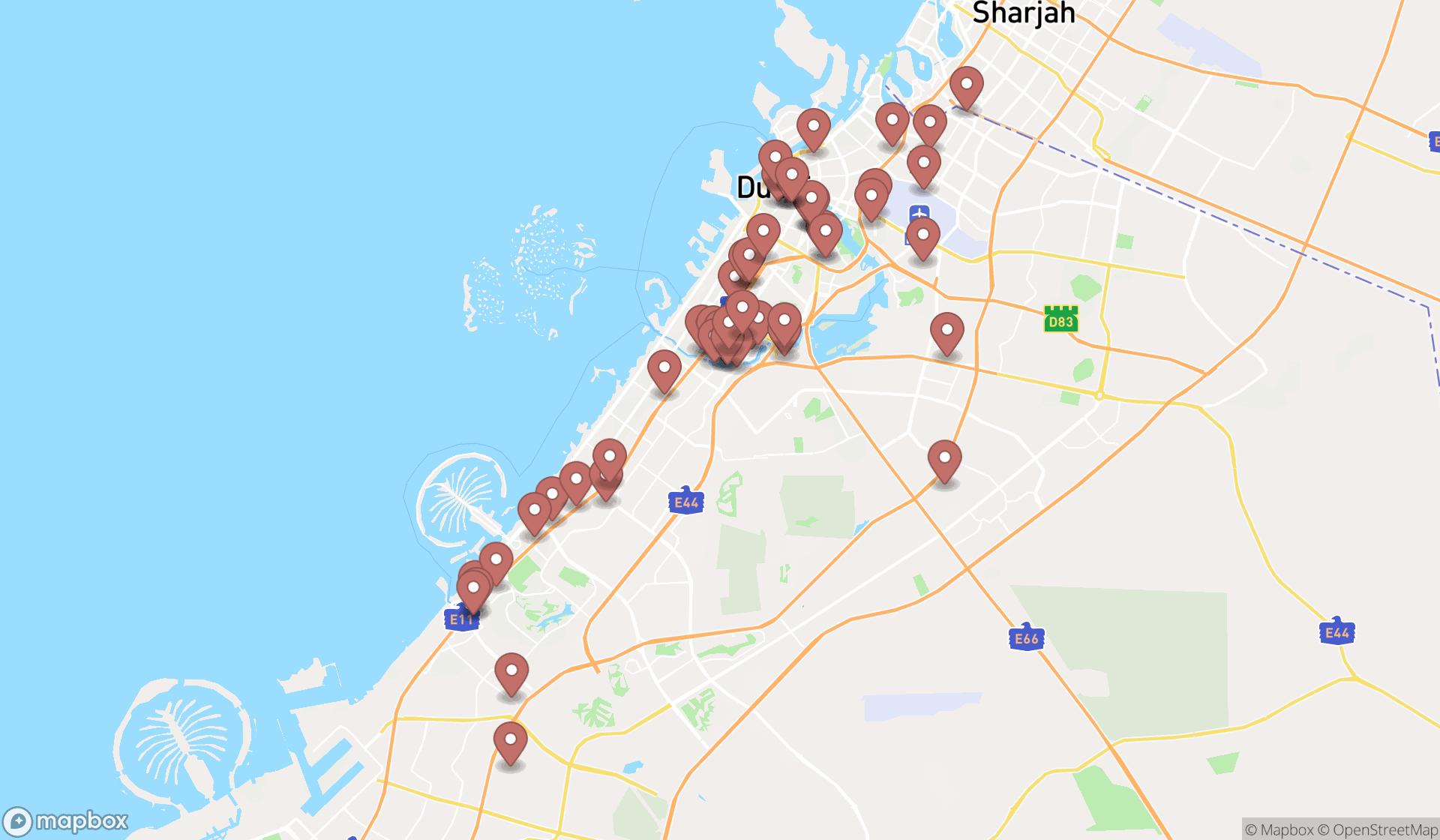 Map showing the search results in Dubai