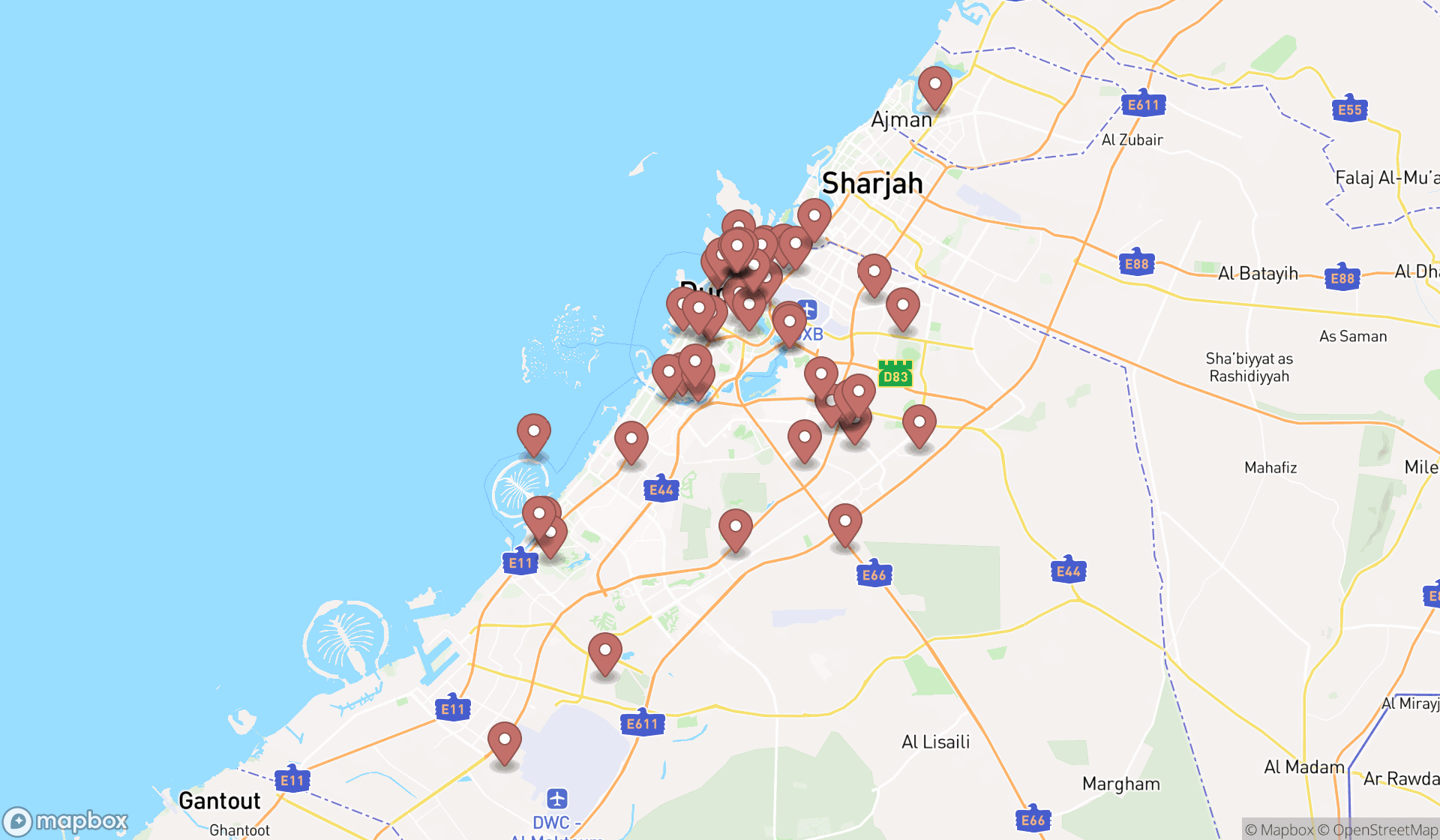 Map showing the search results in Dubai