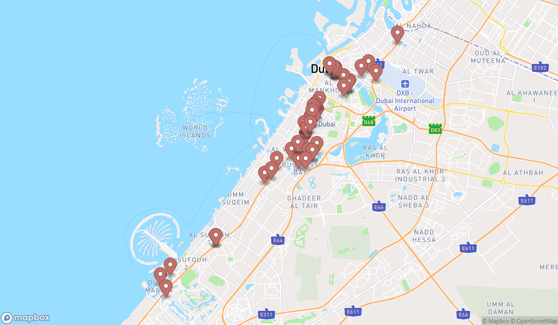 Map showing the search results in Dubai