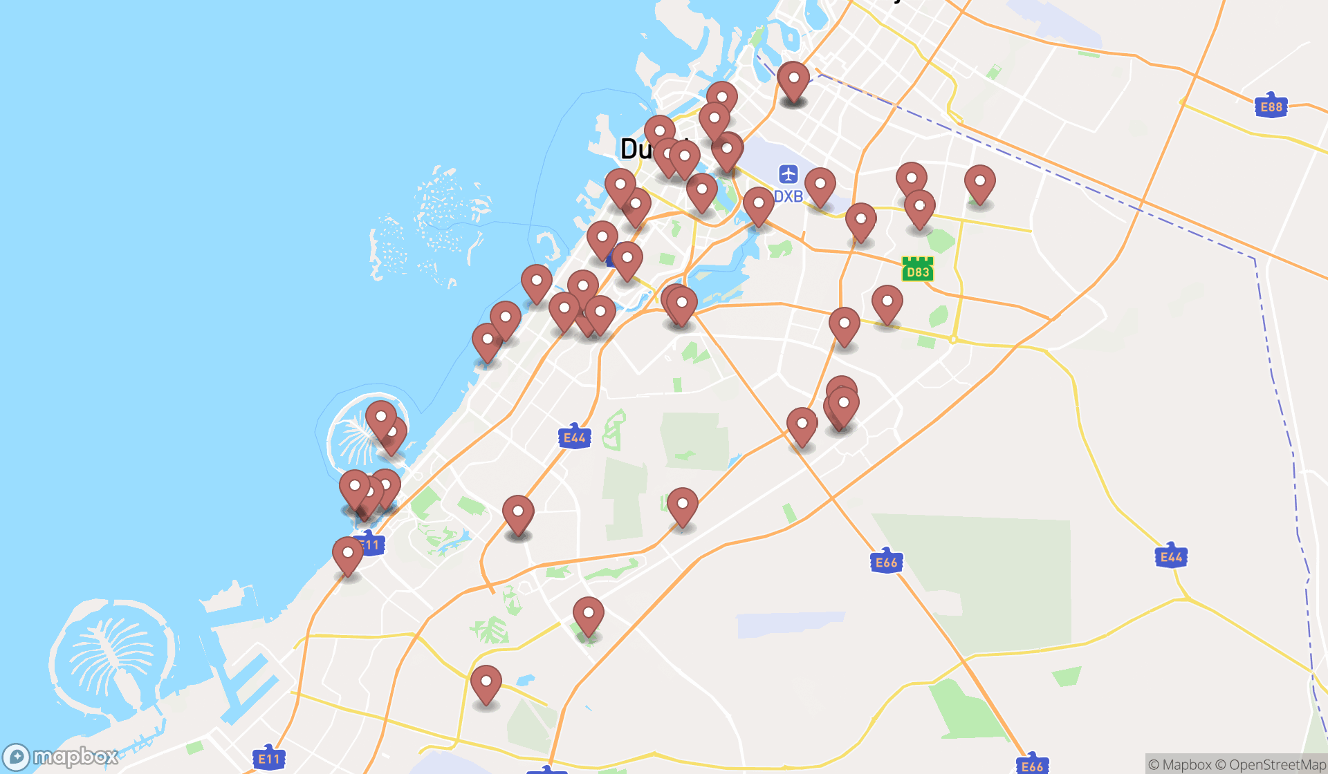 Map showing the search results in Dubai
