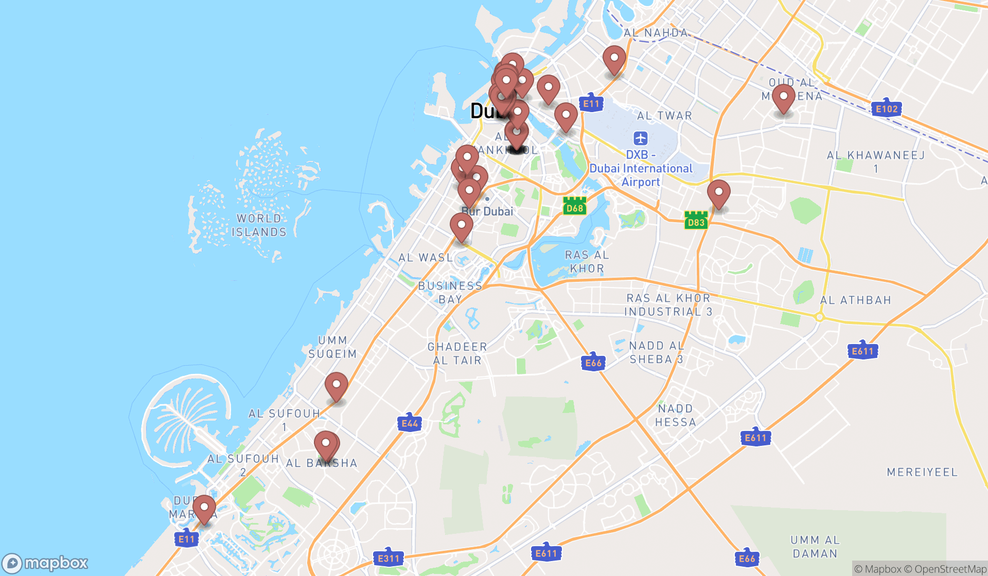 Map showing the search results in Dubai
