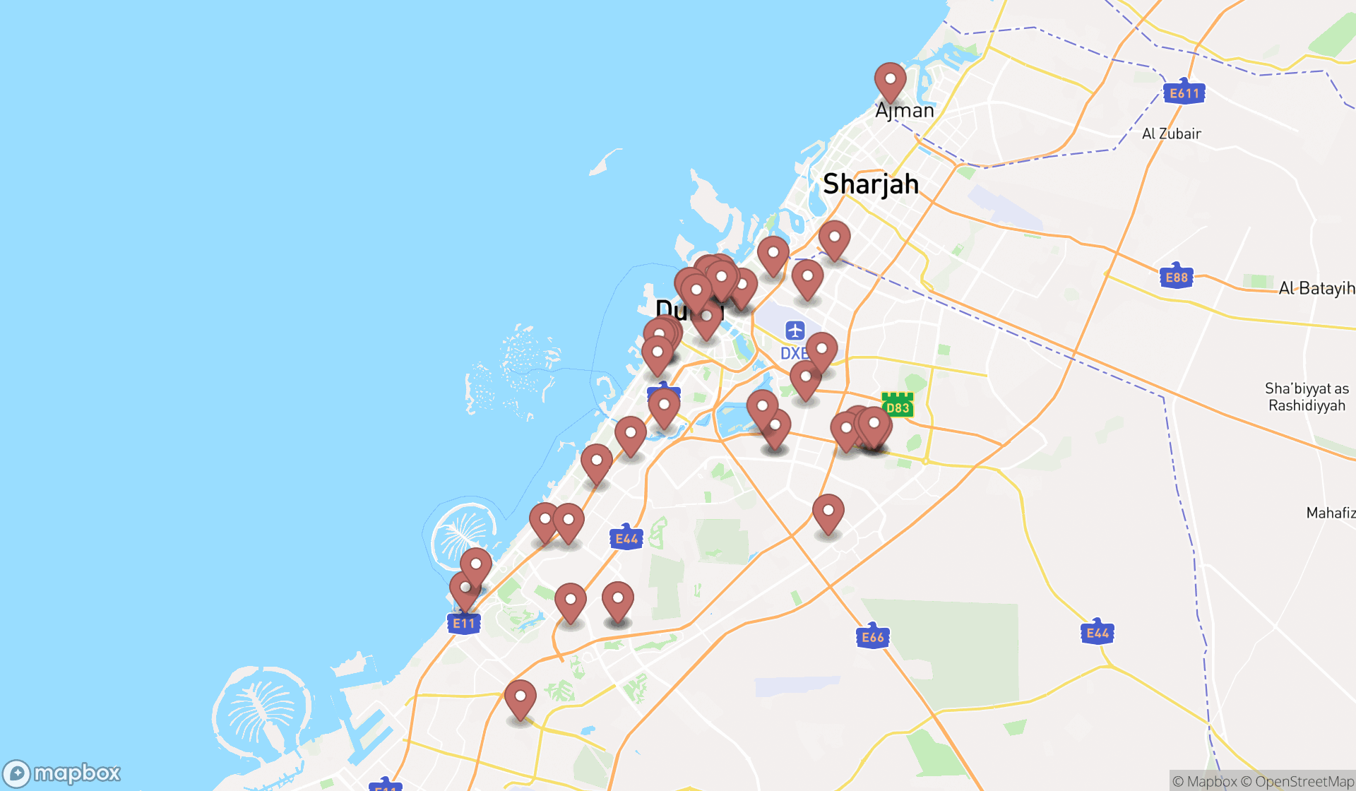 Map showing the search results in Dubai