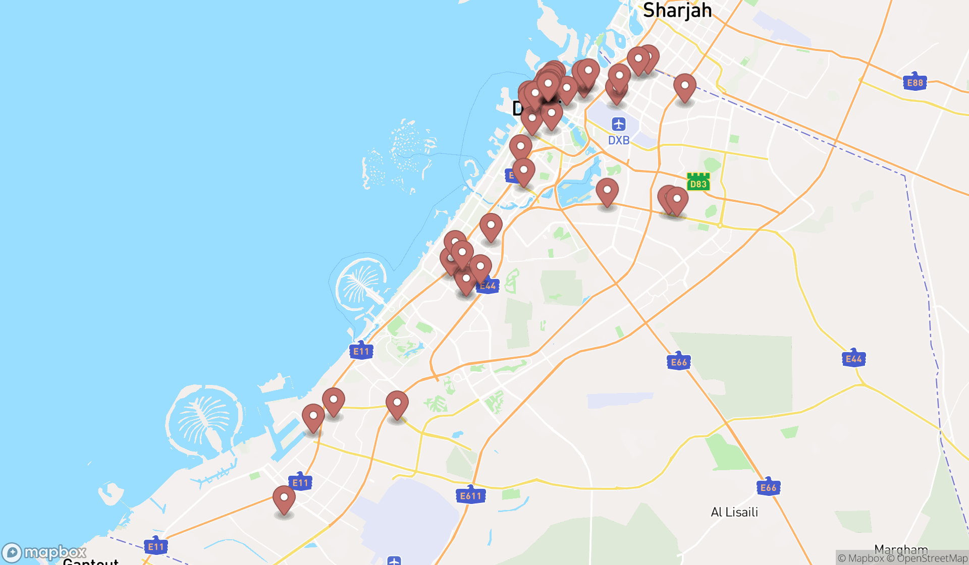 Map showing the search results in Dubai