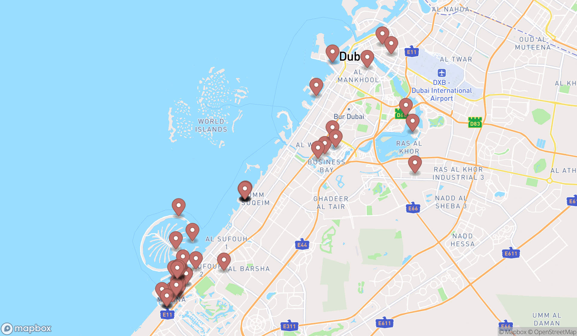 Map showing the search results in Dubai