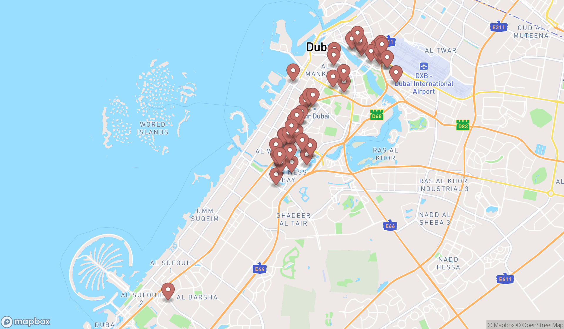 Map showing the search results in Dubai
