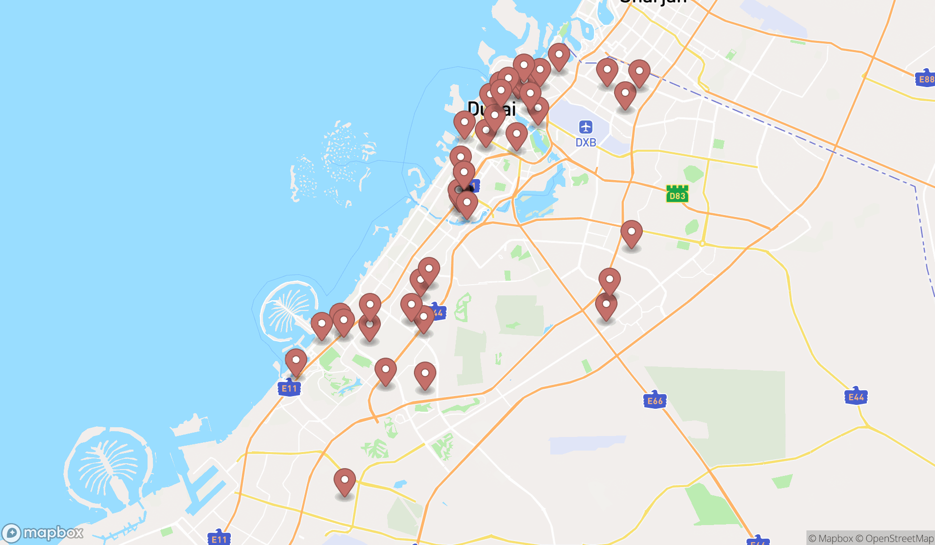 Map showing the search results in Dubai