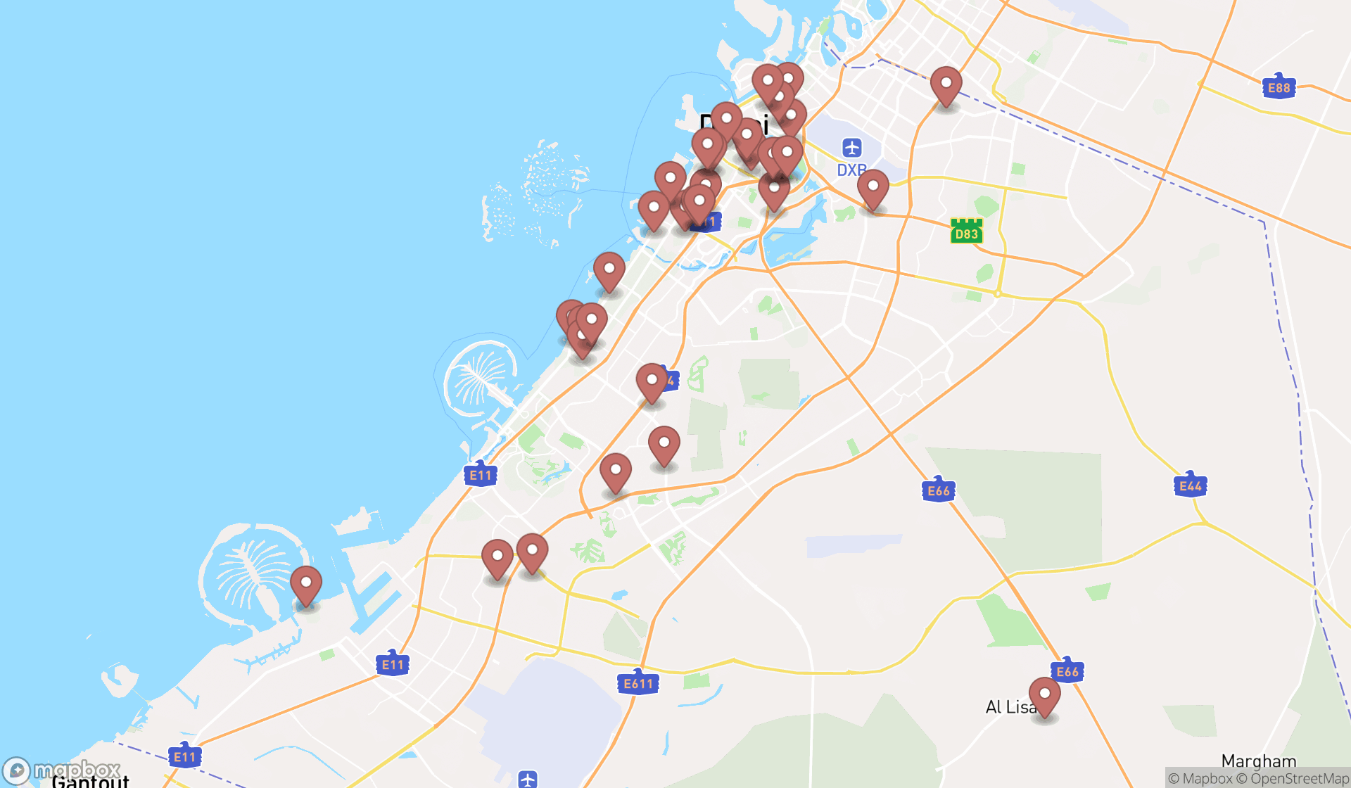 Map showing the search results in Dubai