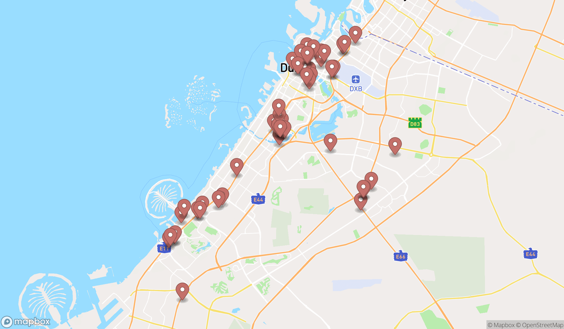 Map showing the search results in Dubai