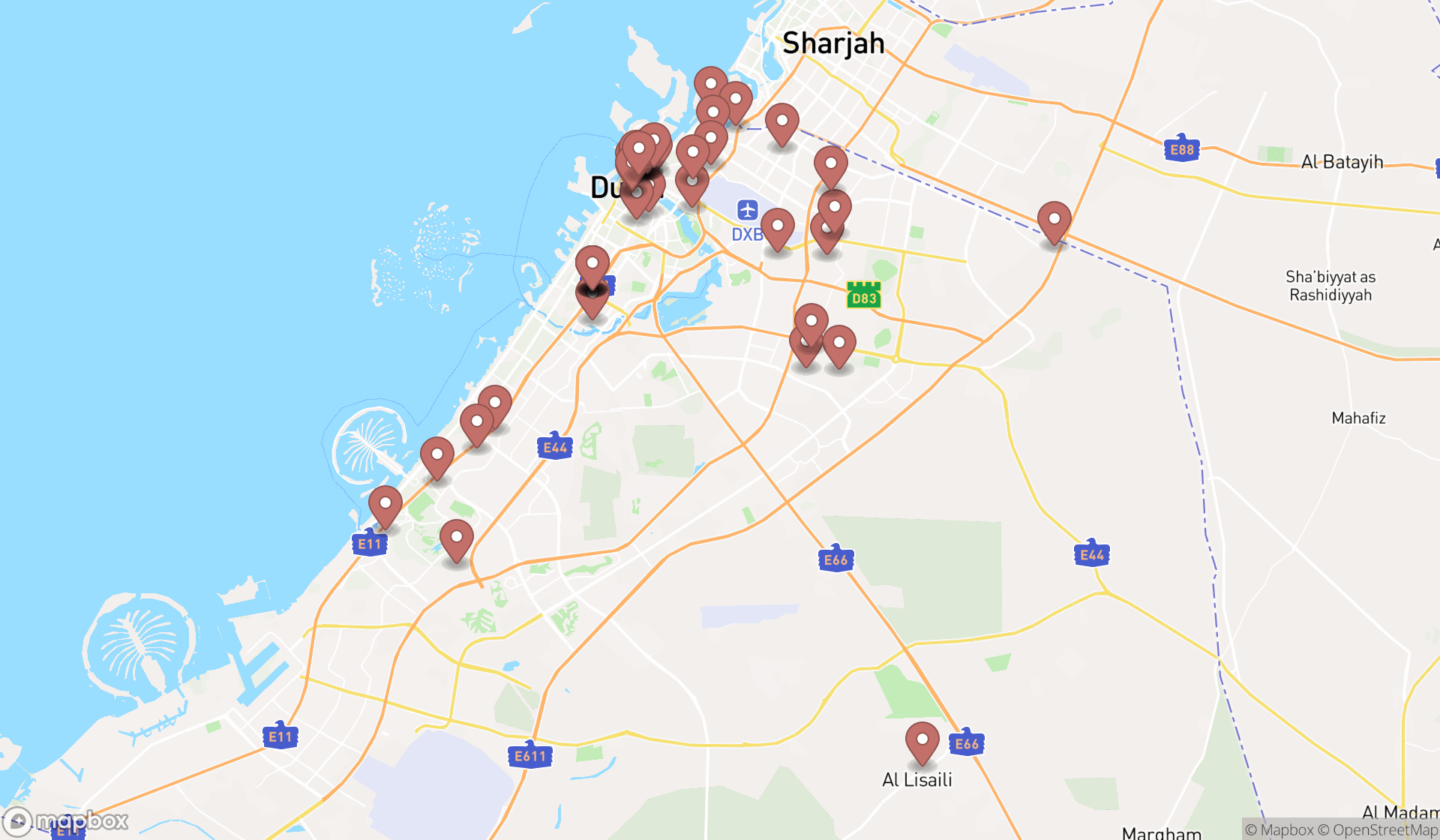 Map showing the search results in Dubai