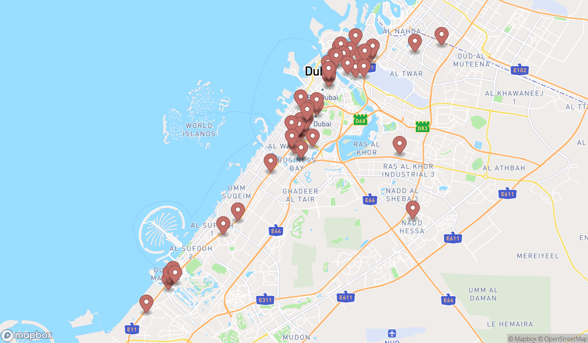 Map showing the search results in Dubai