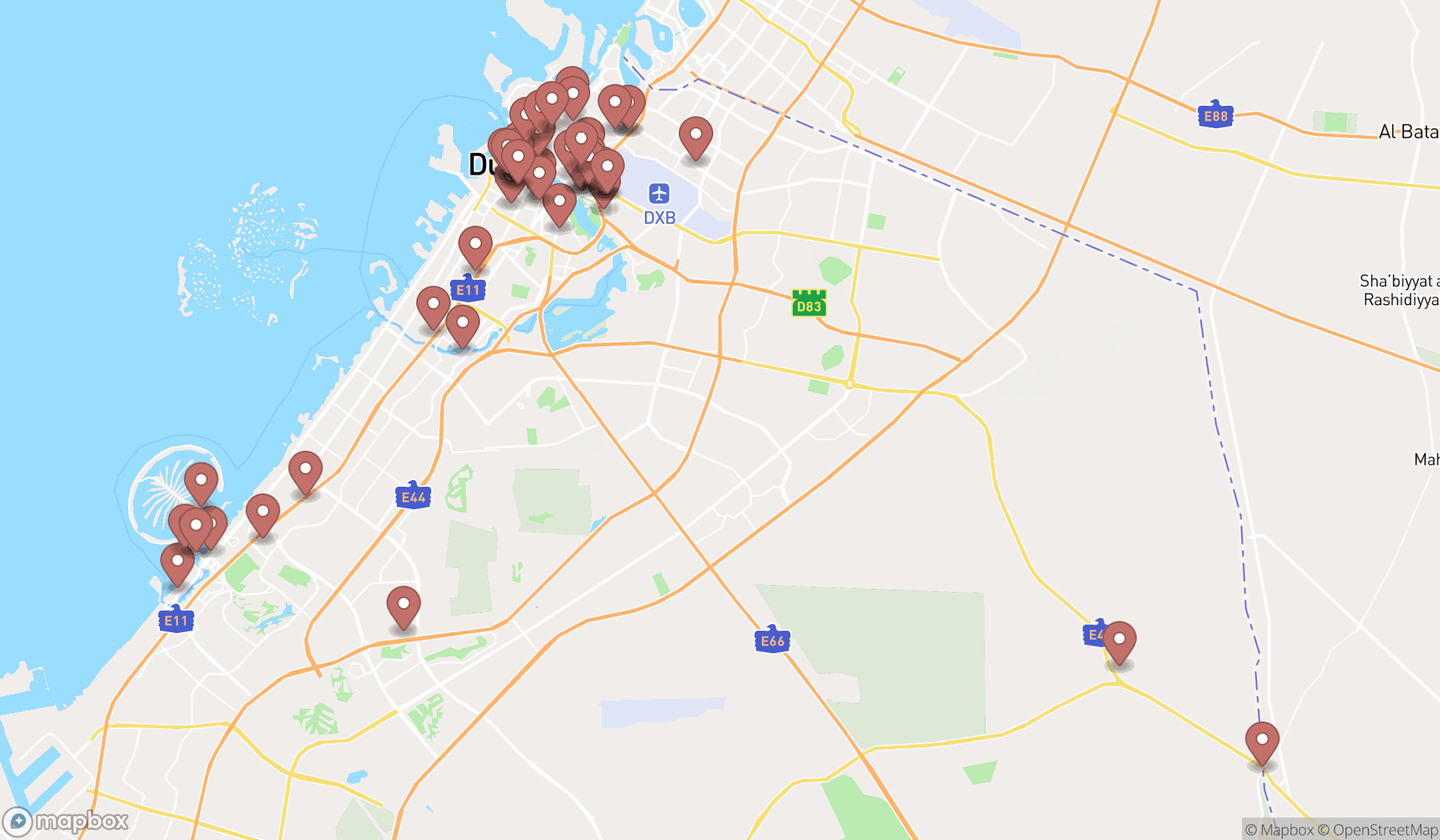 Map showing the search results in Dubai