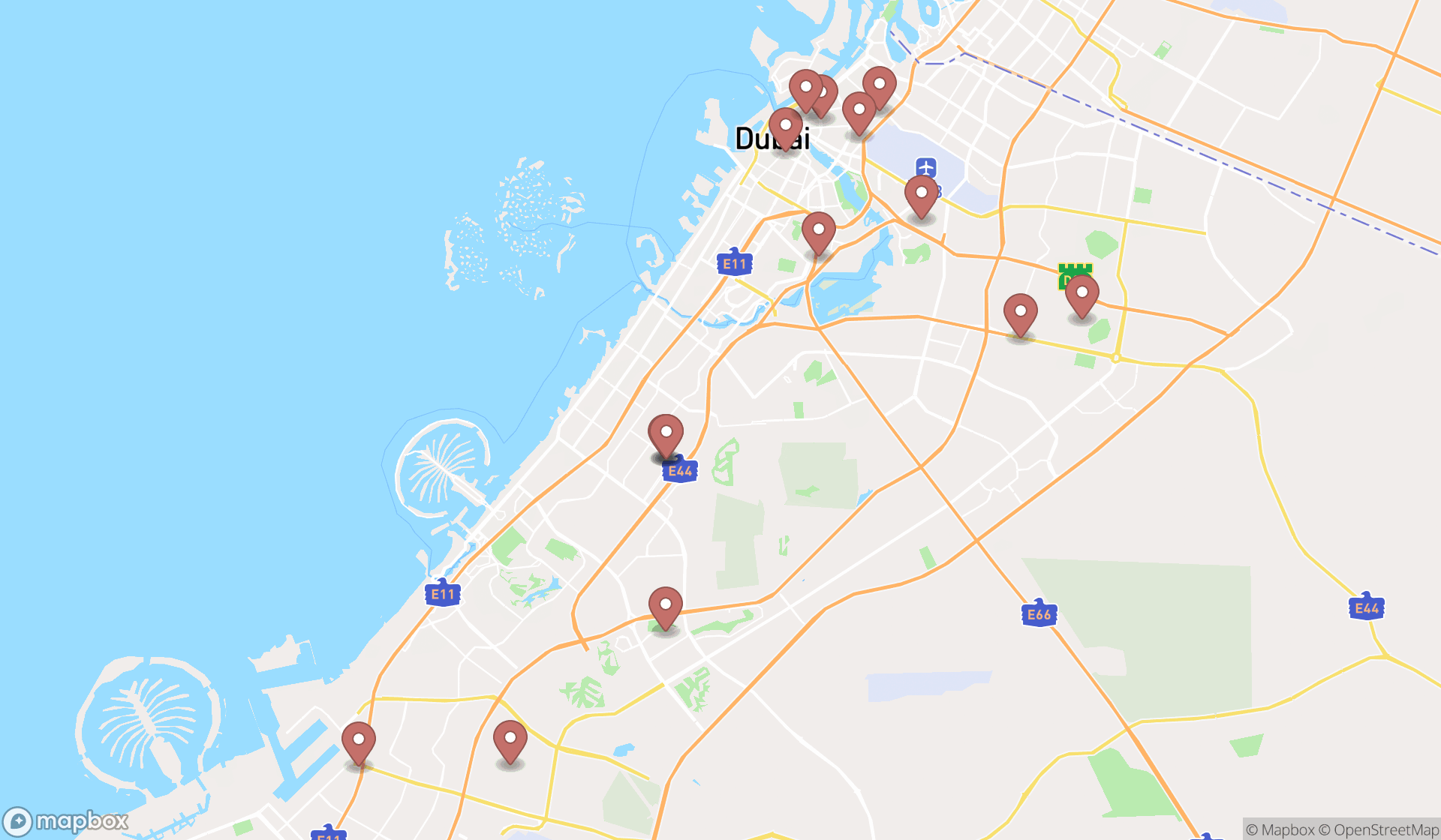 Map showing the search results in Dubai
