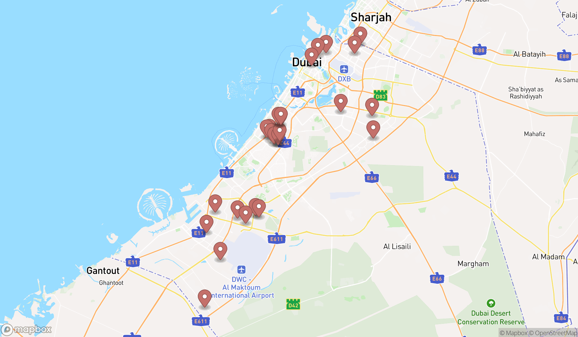 Map showing the search results in Dubai