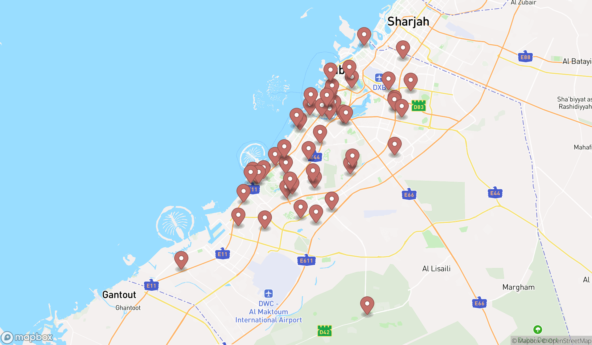 Map showing the search results in Dubai