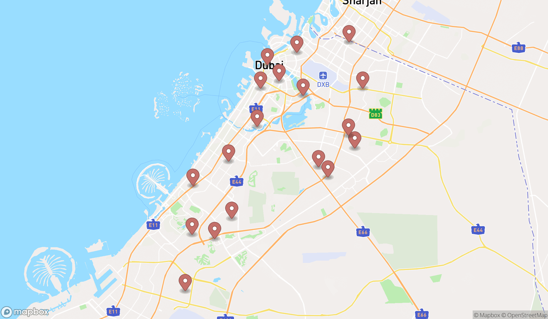 Map showing the search results in Dubai