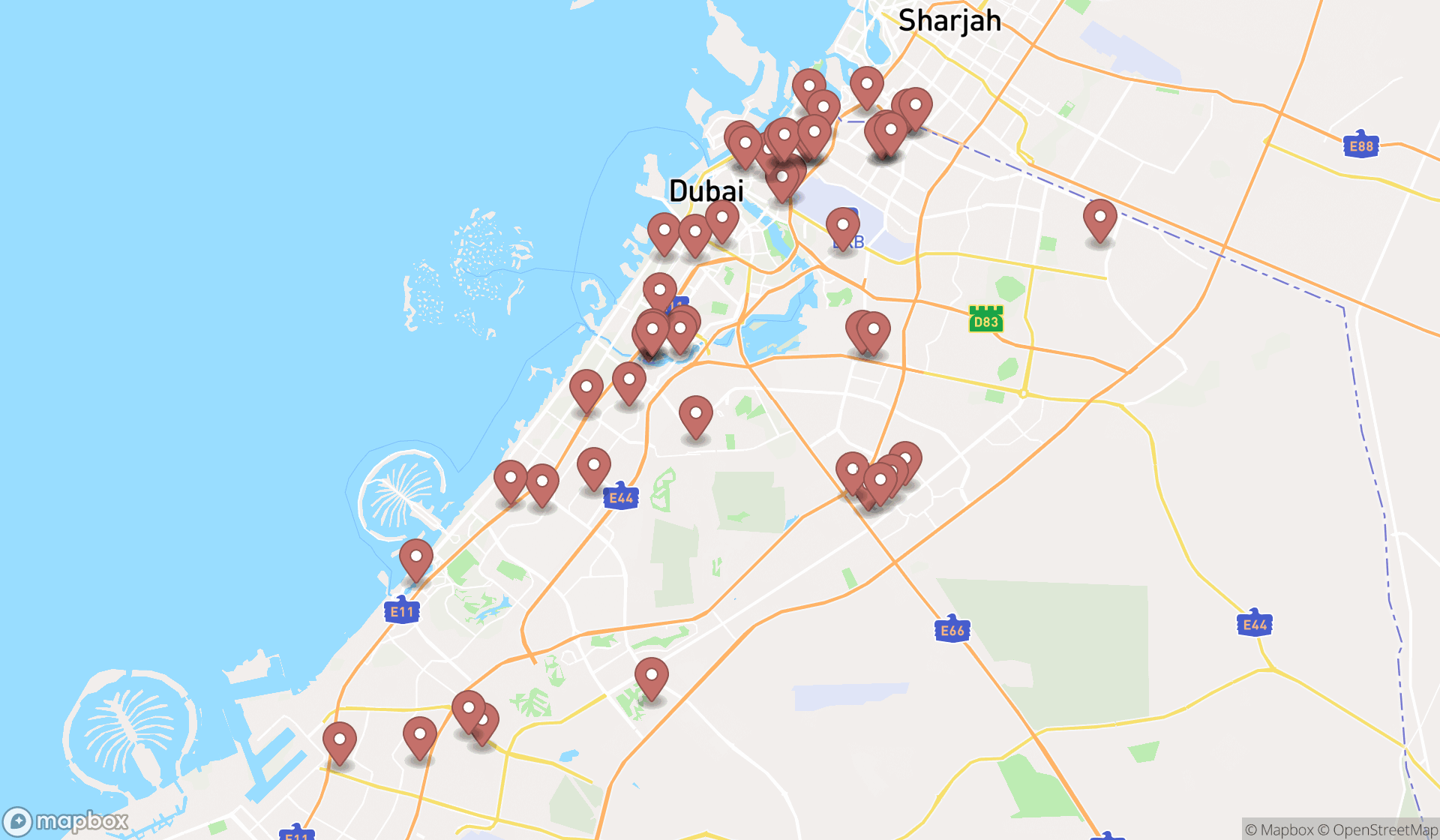 Map showing the search results in Dubai