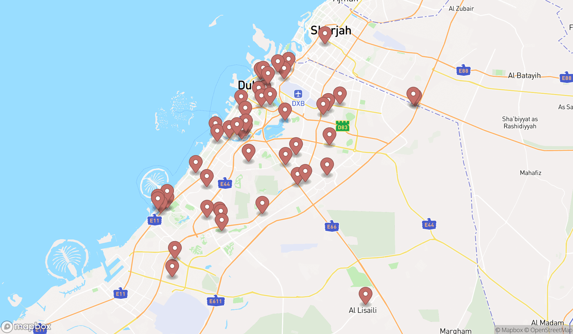 Map showing the search results in Dubai
