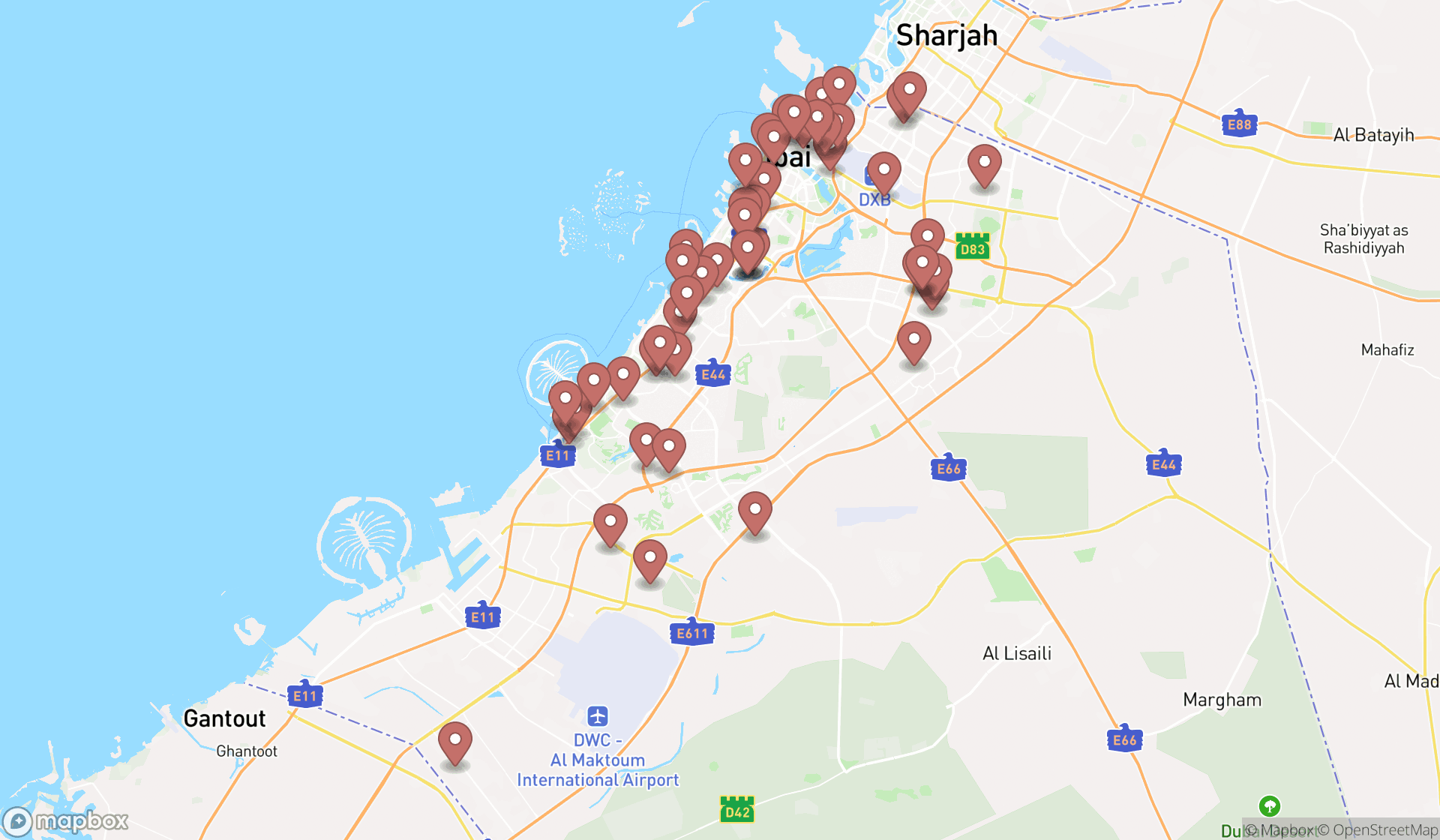 Map showing the search results in Dubai