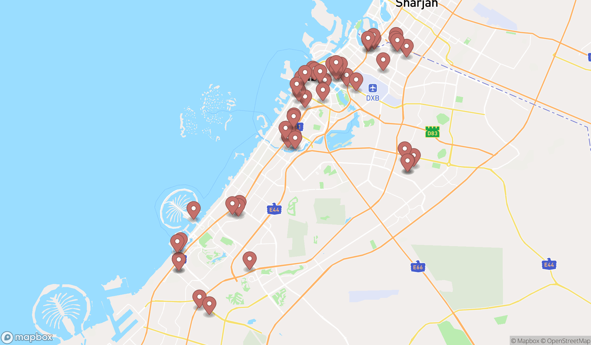 Map showing the search results in Dubai