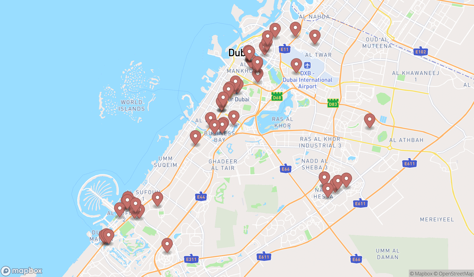 Map showing the search results in Dubai