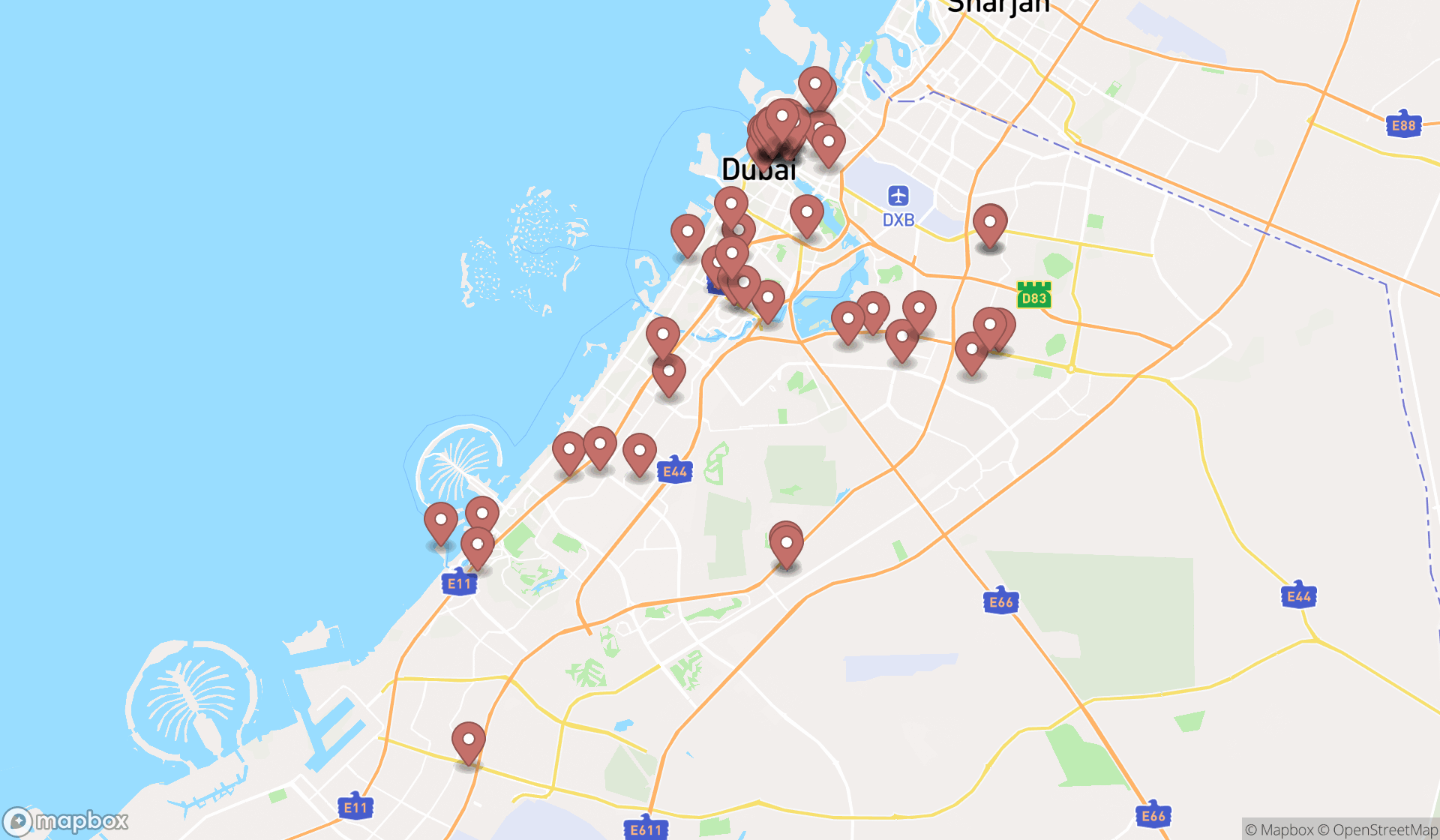 Map showing the search results in Dubai